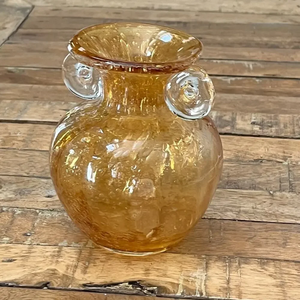 Vintage Hand Blown Glass Vase 5.5 in Amber Yellow Bubble Design w Scroll Handles
